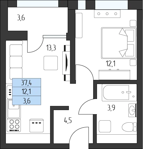Планировка 1-комнатной квартиры 37,4 м²