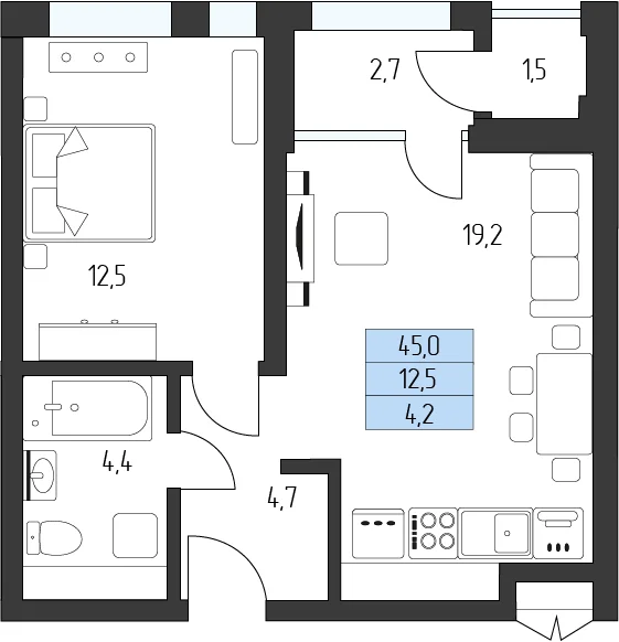 Планировка 1-комнатной квартиры 45 м²