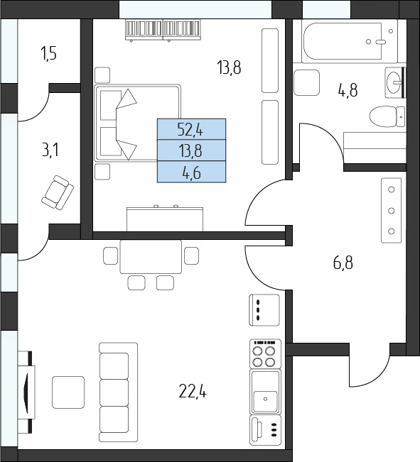 Планировка 1-комнатной квартиры 52,4 м²