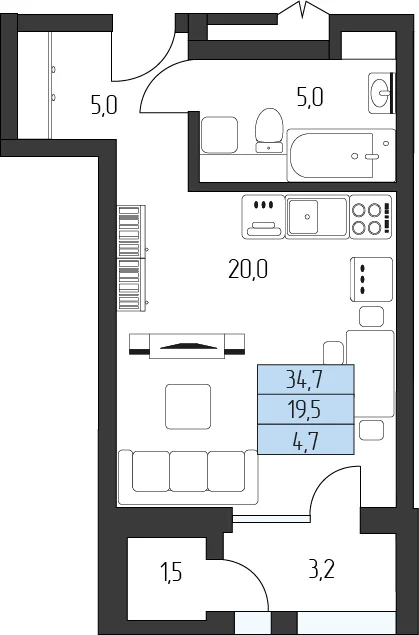 Планировка студии 34,7 м²