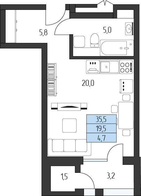 Планировка студии 35,5 м²